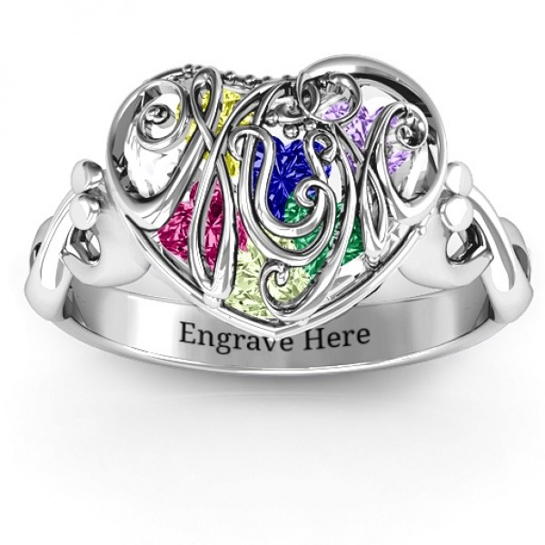 Cursive Mom Caged Hearts Ring with Infinity Band - Name My Jewelry ™