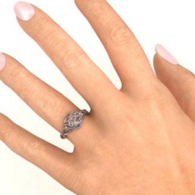 Heart Cut-out Petite Caged Hearts Ring with Classic with Engravings Band - Name My Jewelry ™