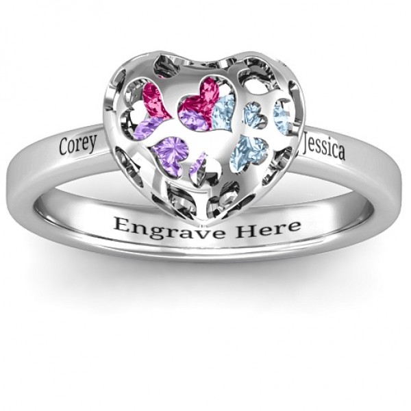 Heart Cut-out Petite Caged Hearts Ring with Classic with Engravings Band - Name My Jewelry ™