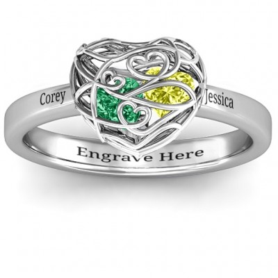 Encased in Love Petite Caged Hearts Ring with Classic with Engravings Band - Name My Jewelry ™