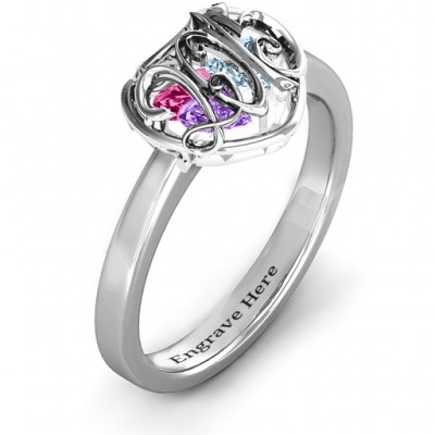 2015 Petite Caged Hearts Ring with Classic with Engravings Band - Name My Jewelry ™