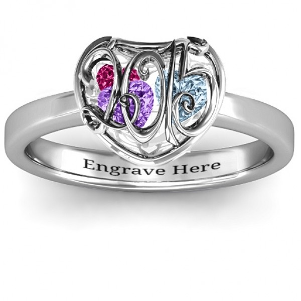 2015 Petite Caged Hearts Ring with Classic with Engravings Band - Name My Jewelry ™