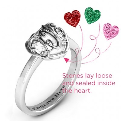 2016 Petite Caged Hearts Ring with Classic with Engravings Band - Name My Jewelry ™