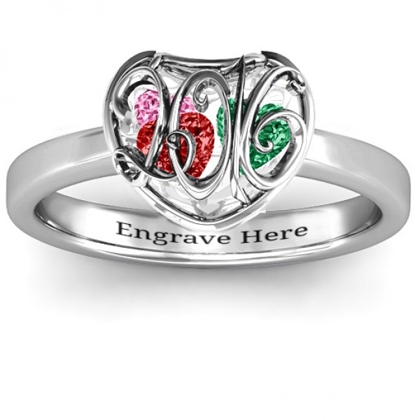 2016 Petite Caged Hearts Ring with Classic with Engravings Band - Name My Jewelry ™