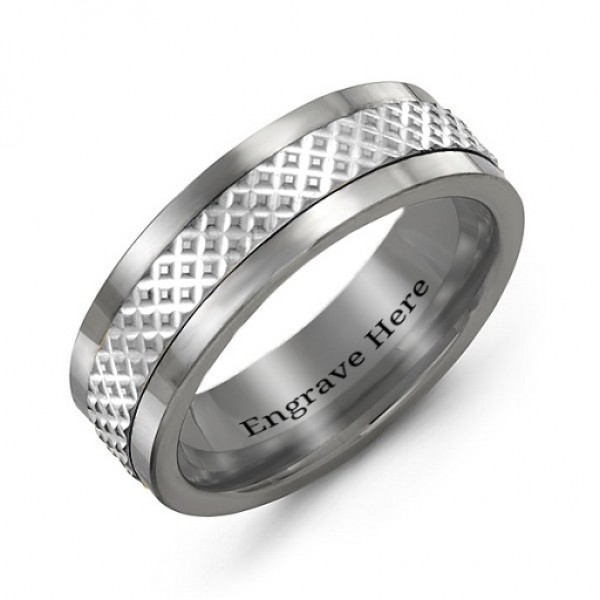 Sterling Silver Men's Tungsten Mesh Inlay Band Ring - Name My Jewelry ™