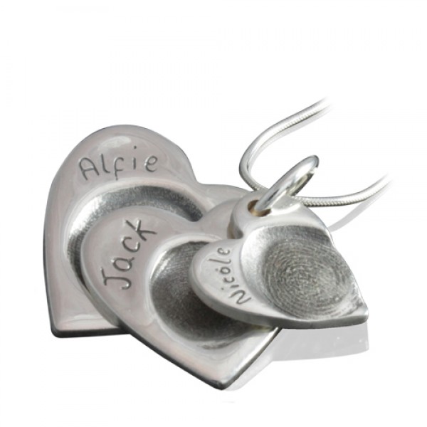 925 Sterling Silver FingerPrint Cascade Triple Heart Pendant - Name My Jewelry ™