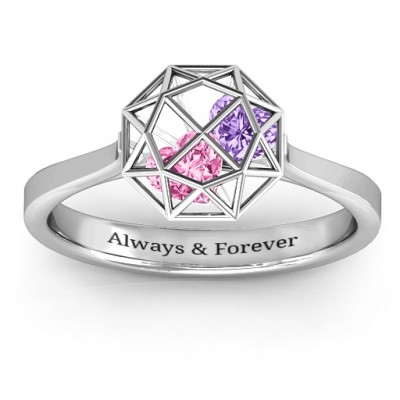 Diamond Cage Ring with Encased Heart Stones  - Name My Jewelry ™