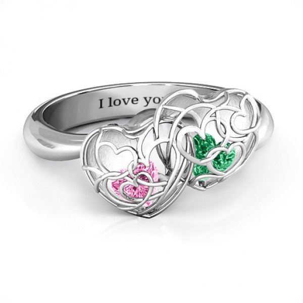 Double Heart Cage Ring with 1-6 Heart Shaped Birthstones  - Name My Jewelry ™