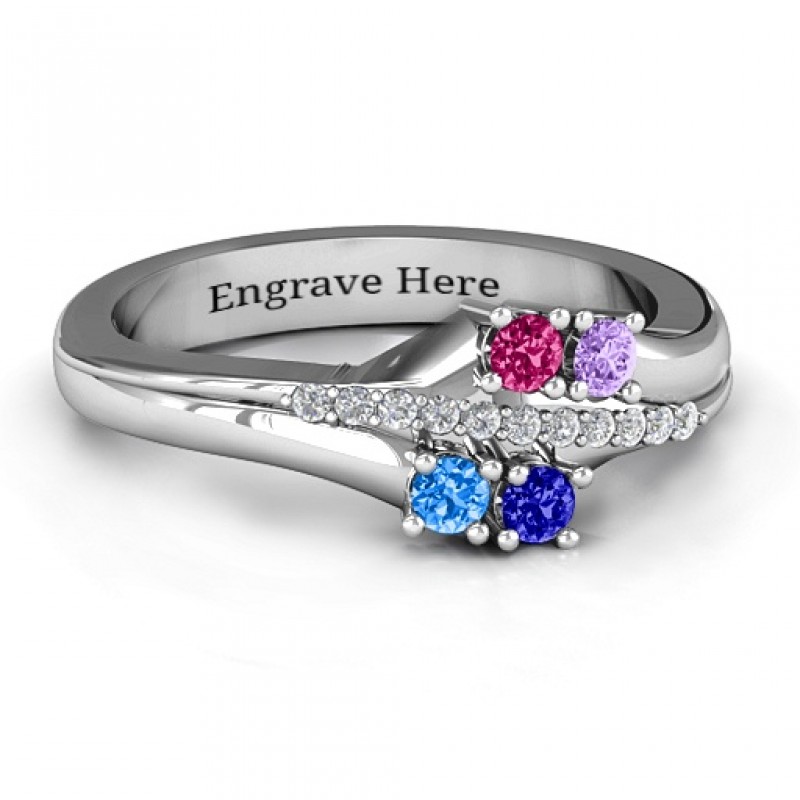 3-Stone Personalized Family Gemstone Ring with Names, 14K White Gold