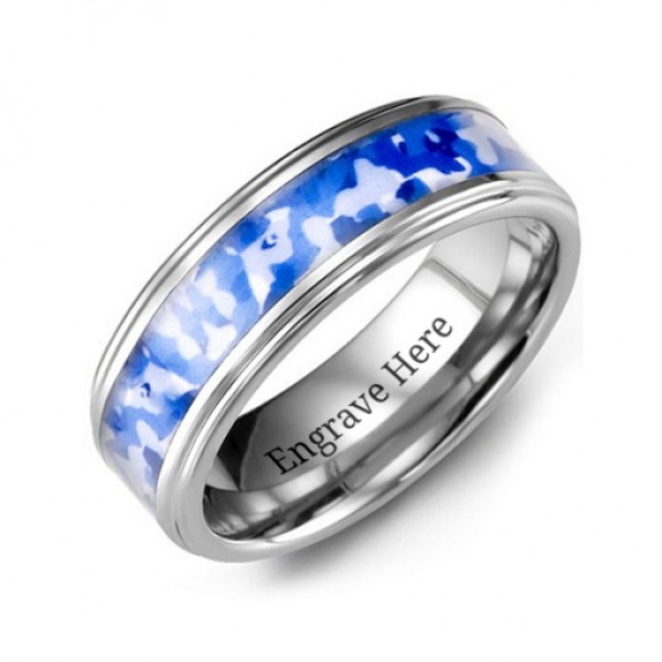 Grooved Tungsten Ring with Royal Blue Camouflage Insert - Name My Jewelry ™