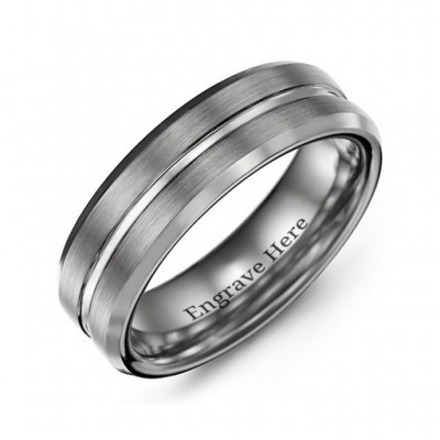 Men's Brushed Grooved Centre Beveled Tungsten Ring - Name My Jewelry ™