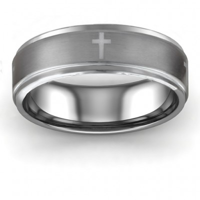 Men's Cross and Brushed Centre Tungsten Ring - Name My Jewelry ™