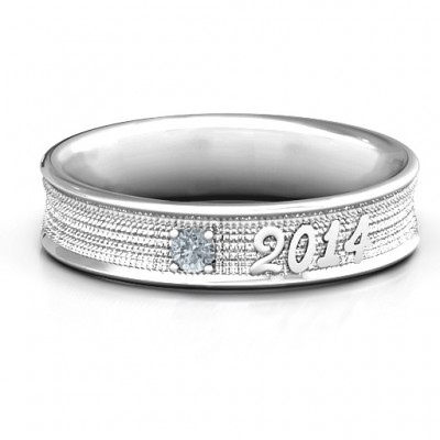 Sterling Silver 2014 Unisex Textured Graduation Ring with Emerald Stone  - Name My Jewelry ™