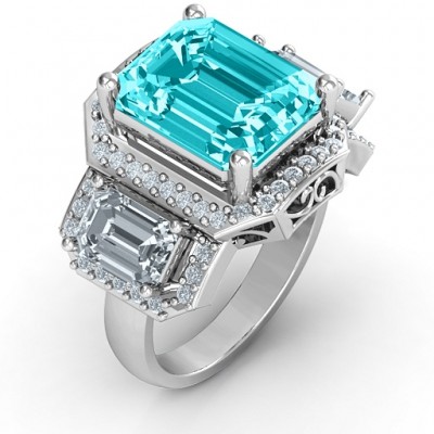 Sterling Silver Emerald Cut Trinity Ring with Triple Halo - Name My Jewelry ™