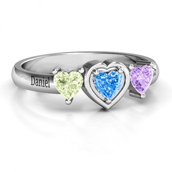 Sterling Silver Heart Stone with Twin Heart Accents Ring  - Name My Jewelry ™
