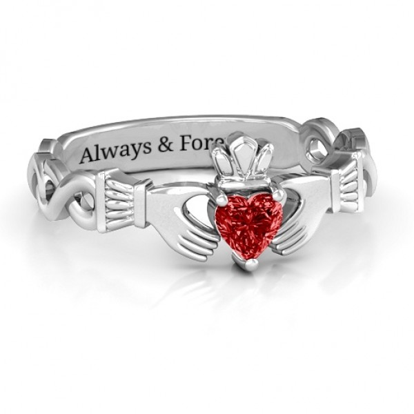 Sterling Silver Infinity Claddagh with Heart Stone Ring and Amethyst (Simulated) Stone  - Name My Jewelry ™