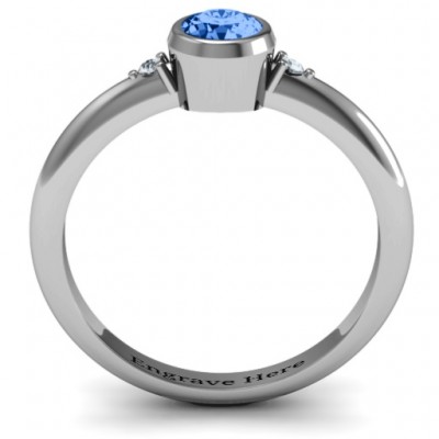 Sterling Silver Round Bezel Solitaire with Twin Accents Ring - Name My Jewelry ™