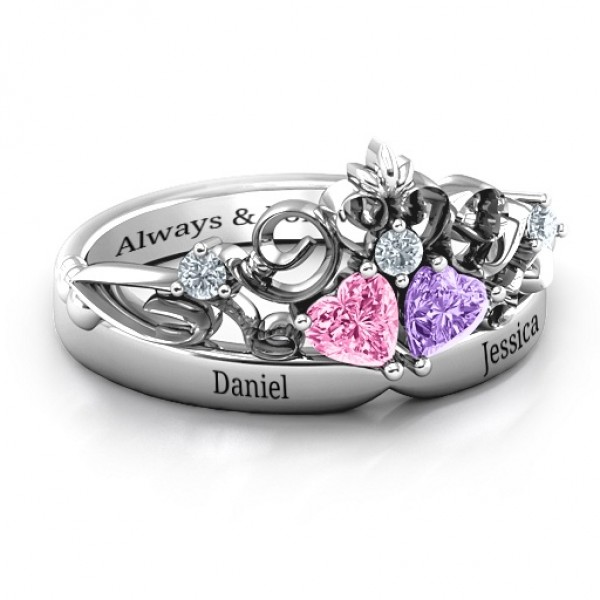 Sterling Silver Royal Romance Double Heart Tiara Ring with Engravings - Name My Jewelry ™