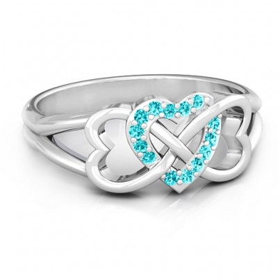 Sterling Silver Triple Heart Infinity Ring with Mint Swarovski Zirconia Stones  - Name My Jewelry ™