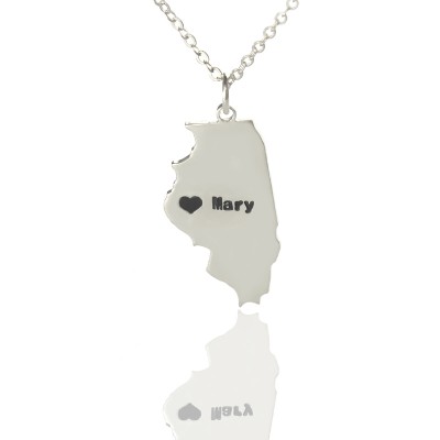 personalized Illinois State Shaped Necklaces With Heart  Name Silver - Name My Jewelry ™
