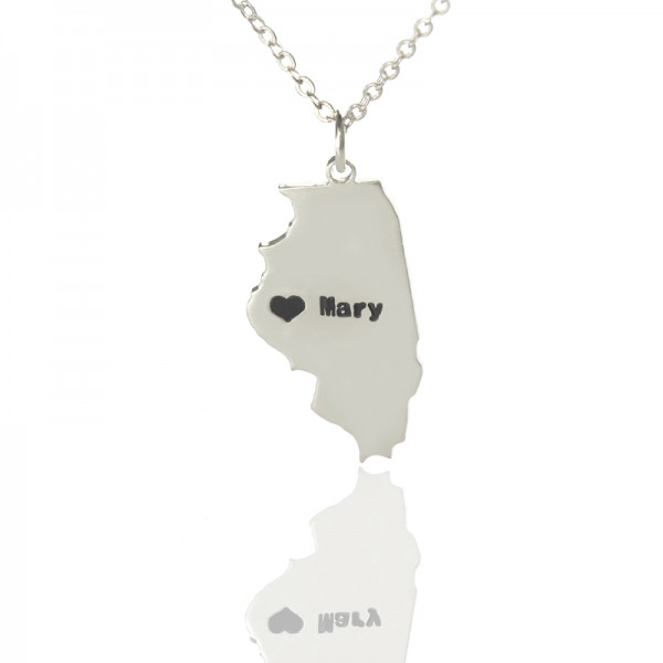 personalized Illinois State Shaped Necklaces With Heart  Name Silver - Name My Jewelry ™