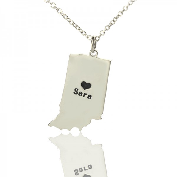 Custom Indiana State Shaped Necklaces With Heart  Name Silver - Name My Jewelry ™
