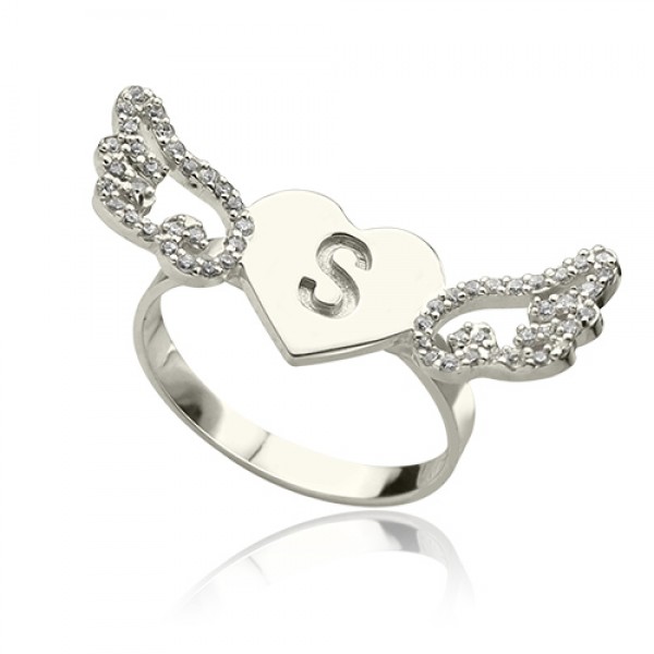 Heart Angel Wings Ring Engraved Initial  Birthstone Sterling Silver  - Name My Jewelry ™