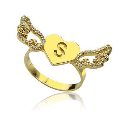 Angel Wings Heart Ring with Birthstone  Initial 18ct Gold Plated  - Name My Jewelry ™