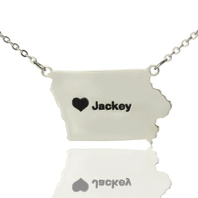 Iowa State USA Map Necklace With Heart  Name Silver - Name My Jewelry ™
