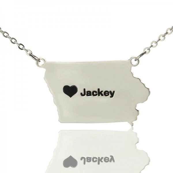Iowa State USA Map Necklace With Heart  Name Silver - Name My Jewelry ™