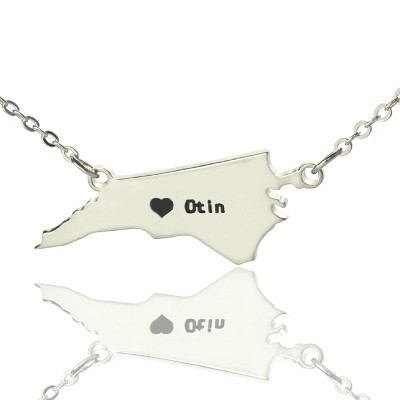 personalized NC State USA Map Necklace With Heart  Name Silver - Name My Jewelry ™