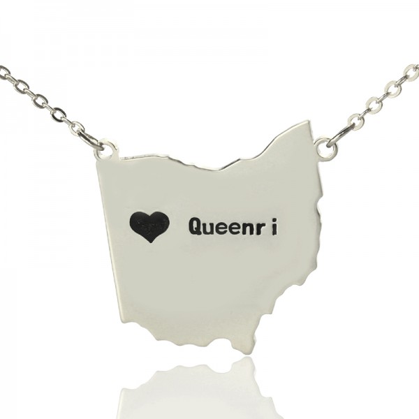 Custom Ohio State USA Map Necklace With Heart  Name Silver - Name My Jewelry ™