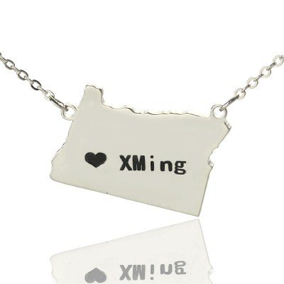 Custom Oregon State USA Map Necklace With Heart  Name Silver - Name My Jewelry ™