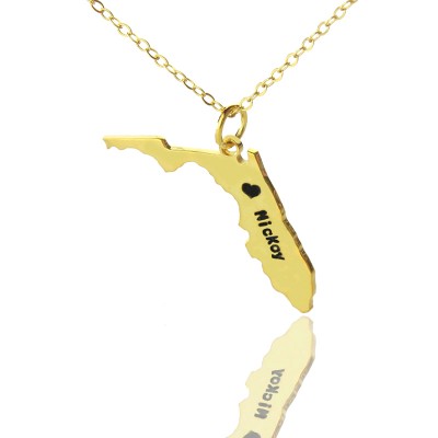Custom Florida State USA Map Necklace With Heart  Name Gold Plated - Name My Jewelry ™
