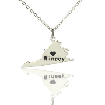 Virginia State USA Map Necklace With Heart  Name Silver - Name My Jewelry ™