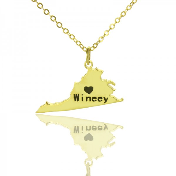 Virginia State USA Map Necklace With Heart  Name Gold Plated - Name My Jewelry ™