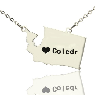 Washington State USA Map Necklace With Heart  Name Silver - Name My Jewelry ™