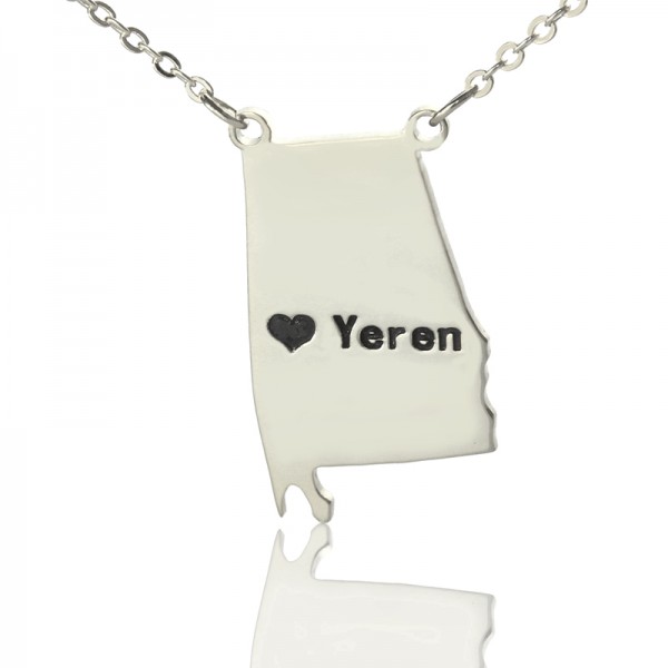 Custom Alabama State USA Map Necklace With Heart  Name Silver - Name My Jewelry ™
