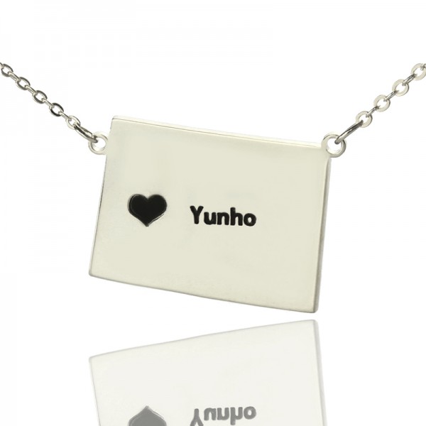 Wyoming State Shaped Map Necklaces With Heart  Name Silver - Name My Jewelry ™