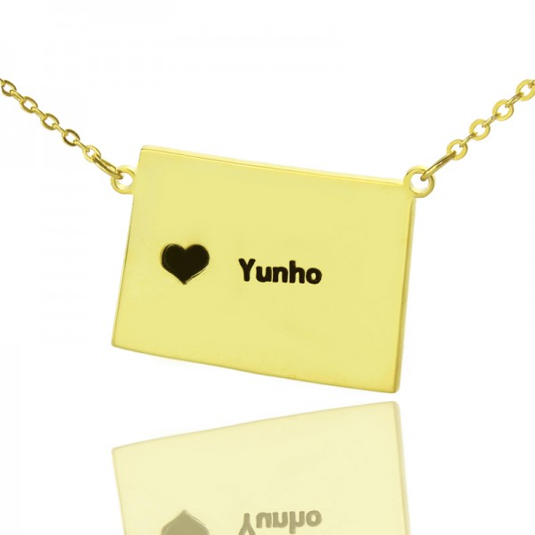 Wyoming State Shaped Map Necklaces With Heart  Name Gold Plated - Name My Jewelry ™