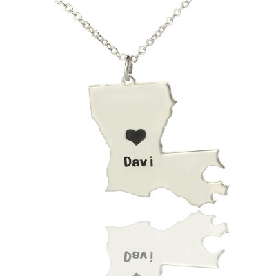 Custom Louisiana State Shaped Necklaces With Heart  Name Silver - Name My Jewelry ™