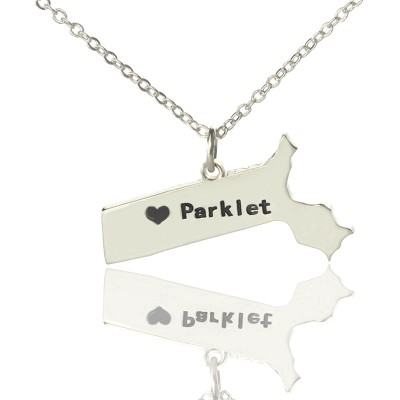 Massachusetts State Shaped Necklaces With Heart  Name Silver - Name My Jewelry ™