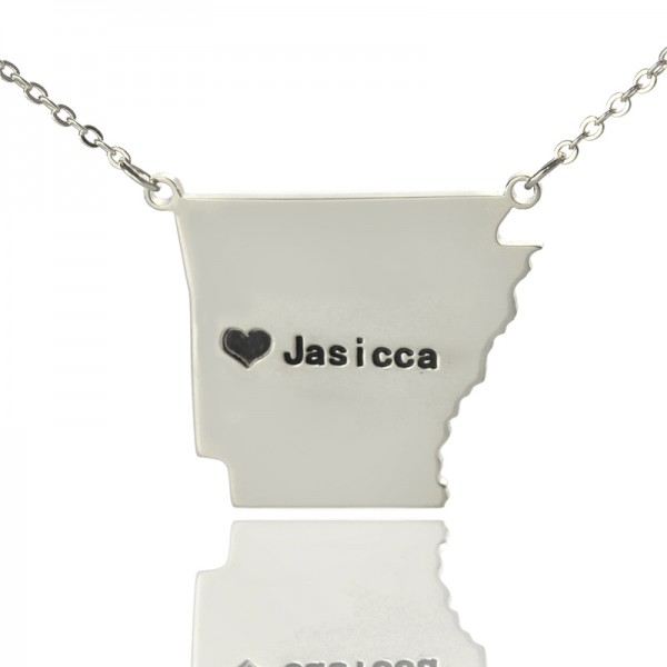 Custom AR State USA Map Necklace With Heart  Name Silver - Name My Jewelry ™