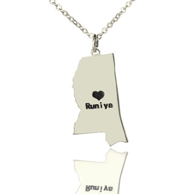 Mississippi State Shaped Necklaces With Heart  Name Silver - Name My Jewelry ™