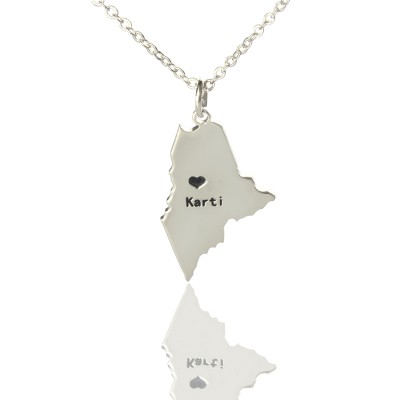 Custom Maine State Shaped Necklaces With Heart  Name Silver - Name My Jewelry ™