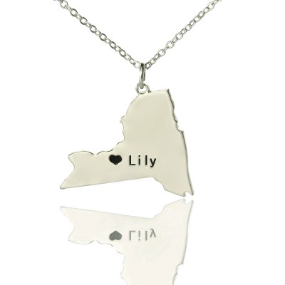 personalized NY State Shaped Necklaces With Heart  Name Silver - Name My Jewelry ™