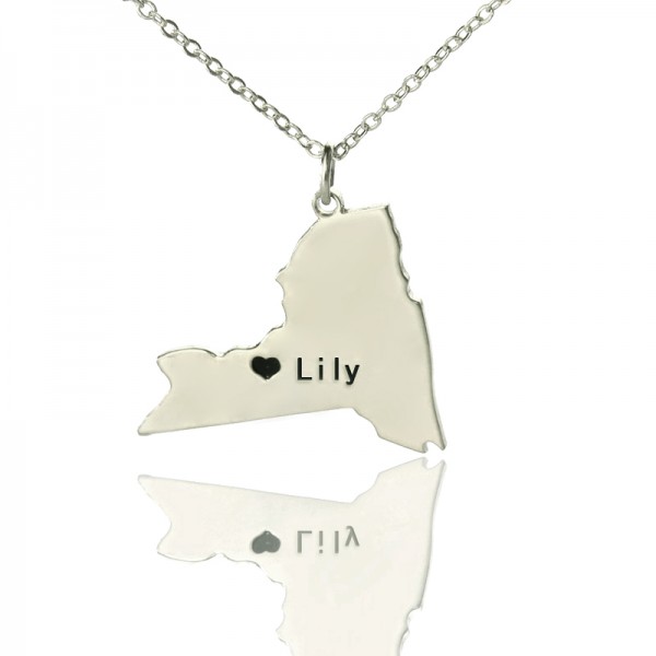 personalized NY State Shaped Necklaces With Heart  Name Silver - Name My Jewelry ™