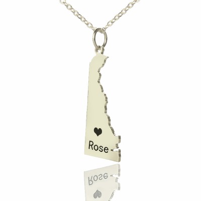 Custom Delaware State Shaped Necklaces With Heart  Name Silver - Name My Jewelry ™