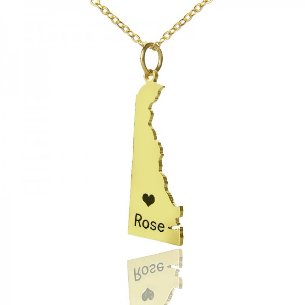 Custom Delaware State Shaped Necklaces With Heart  Name Gold Plated - Name My Jewelry ™