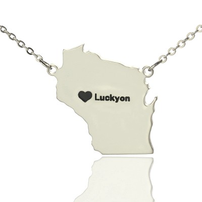 Custom Wisconsin State Shaped Necklaces With Heart  Name Silver - Name My Jewelry ™